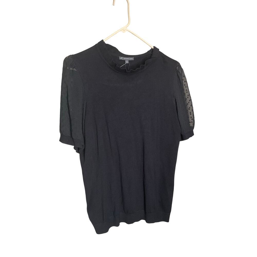 Adrianna Papell Clip Dot Short Puff Sleeve Twofer Blouse Black Womens Size L NEW